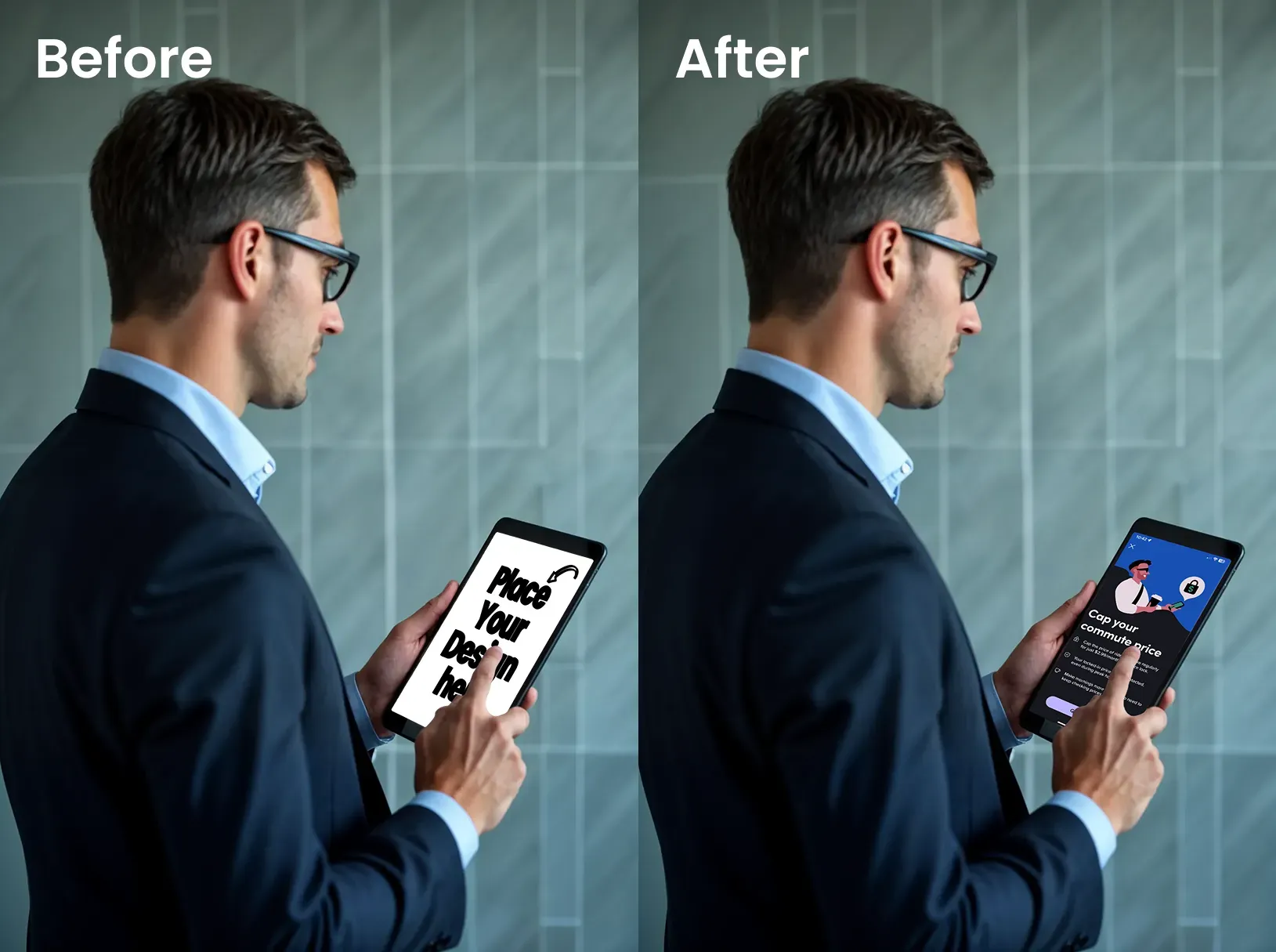 Ipad mockup of a man in a suit