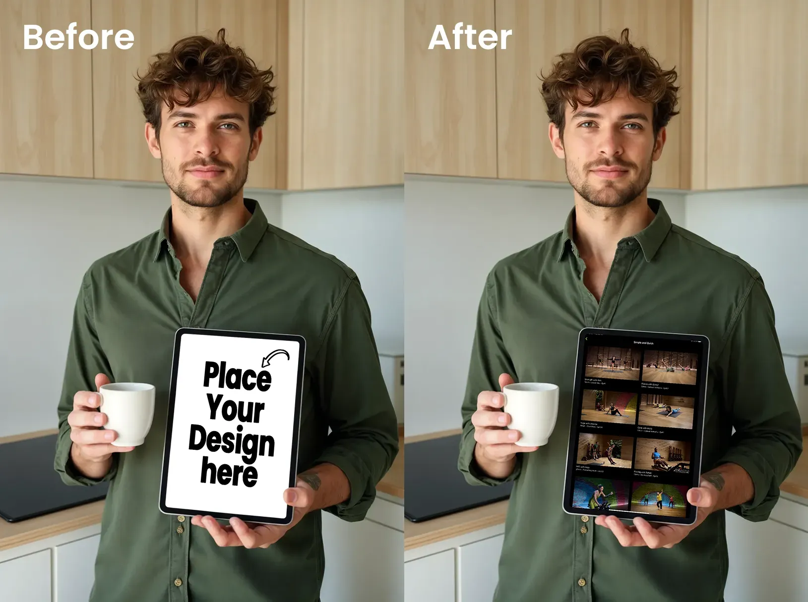 Ipad mockup of a person holding the ipad with a cup