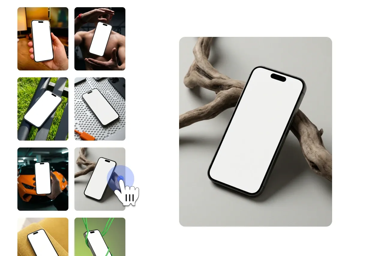 Step 1 showing a gallery of iPhone mockup images, with one device selected as the base mockup.