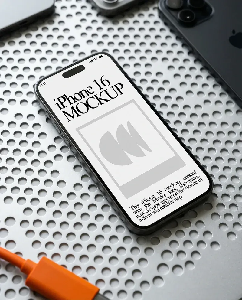 iPhone 16 mockup placed on a textured surface