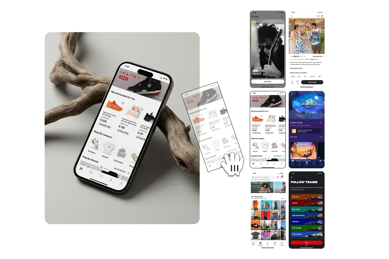 Step 2 showing a selected iPhone mockup with app screen designs being applied to the device.