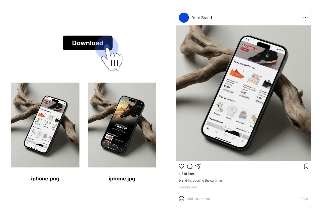 Step 3 showing the final iPhone mockup ready for download and social media preview.