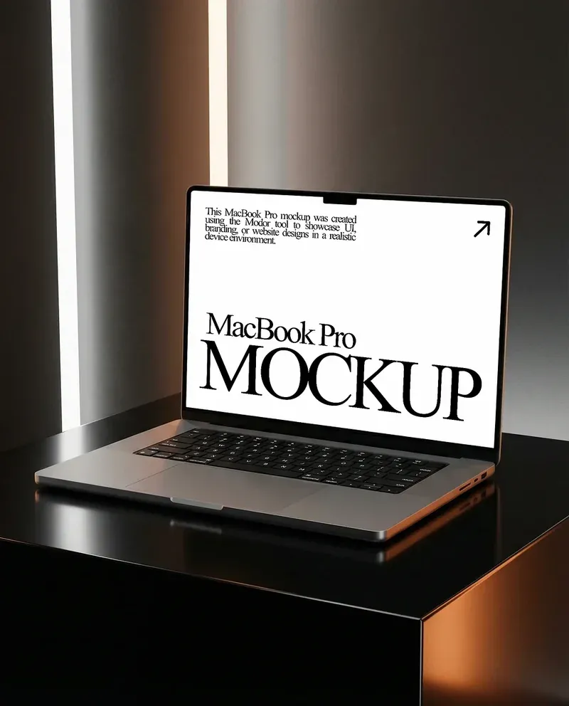 MacBook Pro mockup displayed on a dark studio desk setup