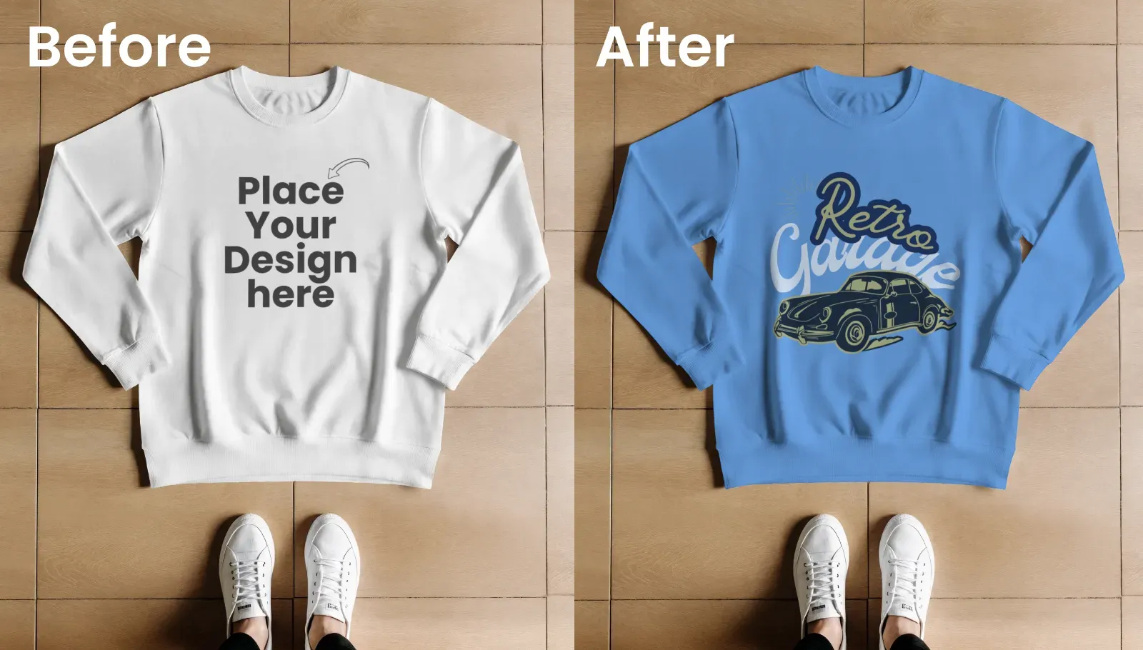 Minimalist flat lay sweatshirt mockup on wooden floor
