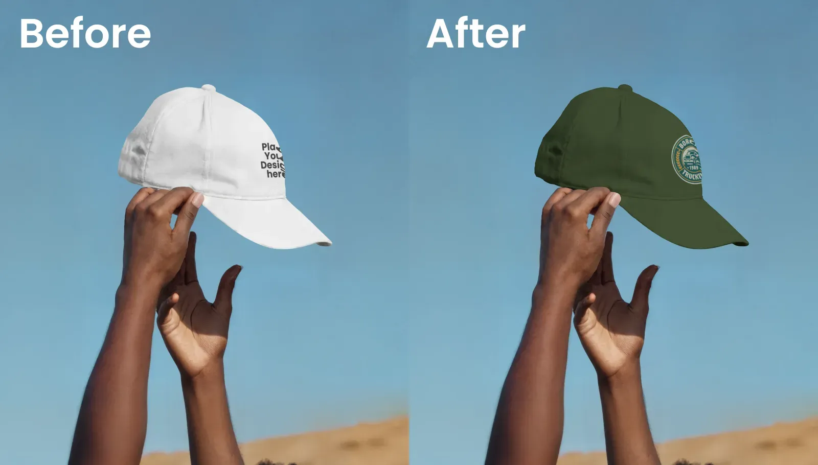 Mockup of a pair of hands holding a cap against a vibrant blue sky