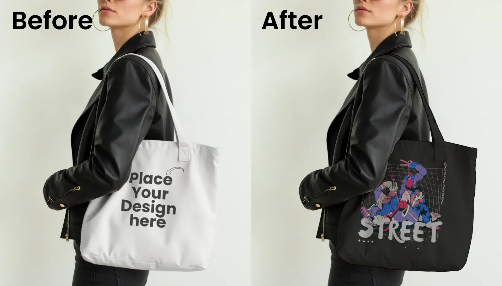Mockup of a Stylish Model in a Leather Jacket Carrying a Tote Bag