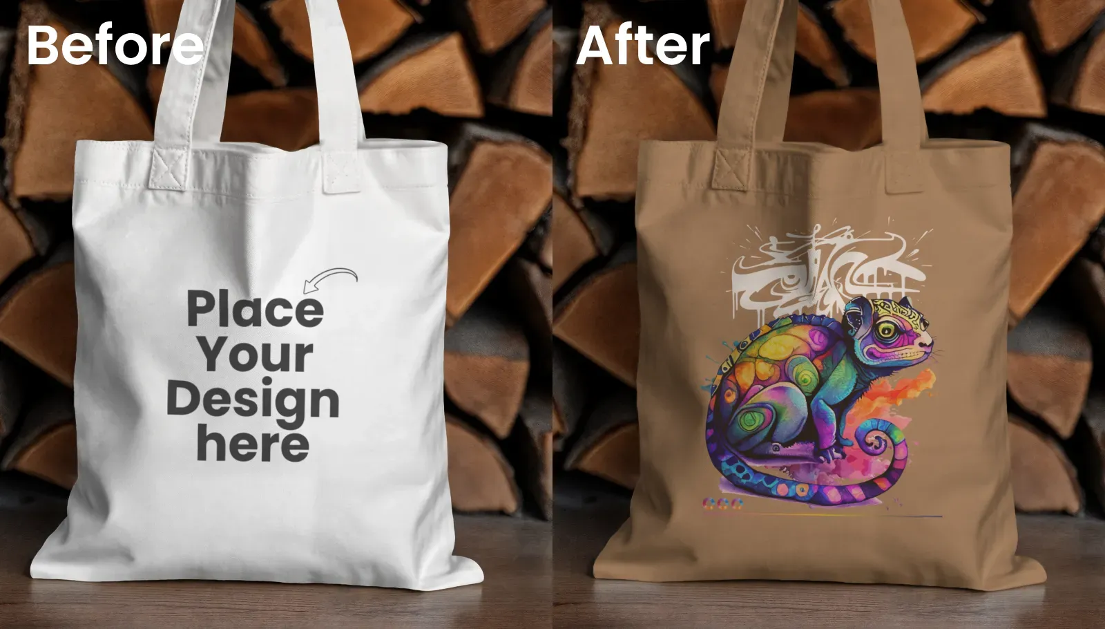 Mockup of a Tote Bag Against Rustic Logs