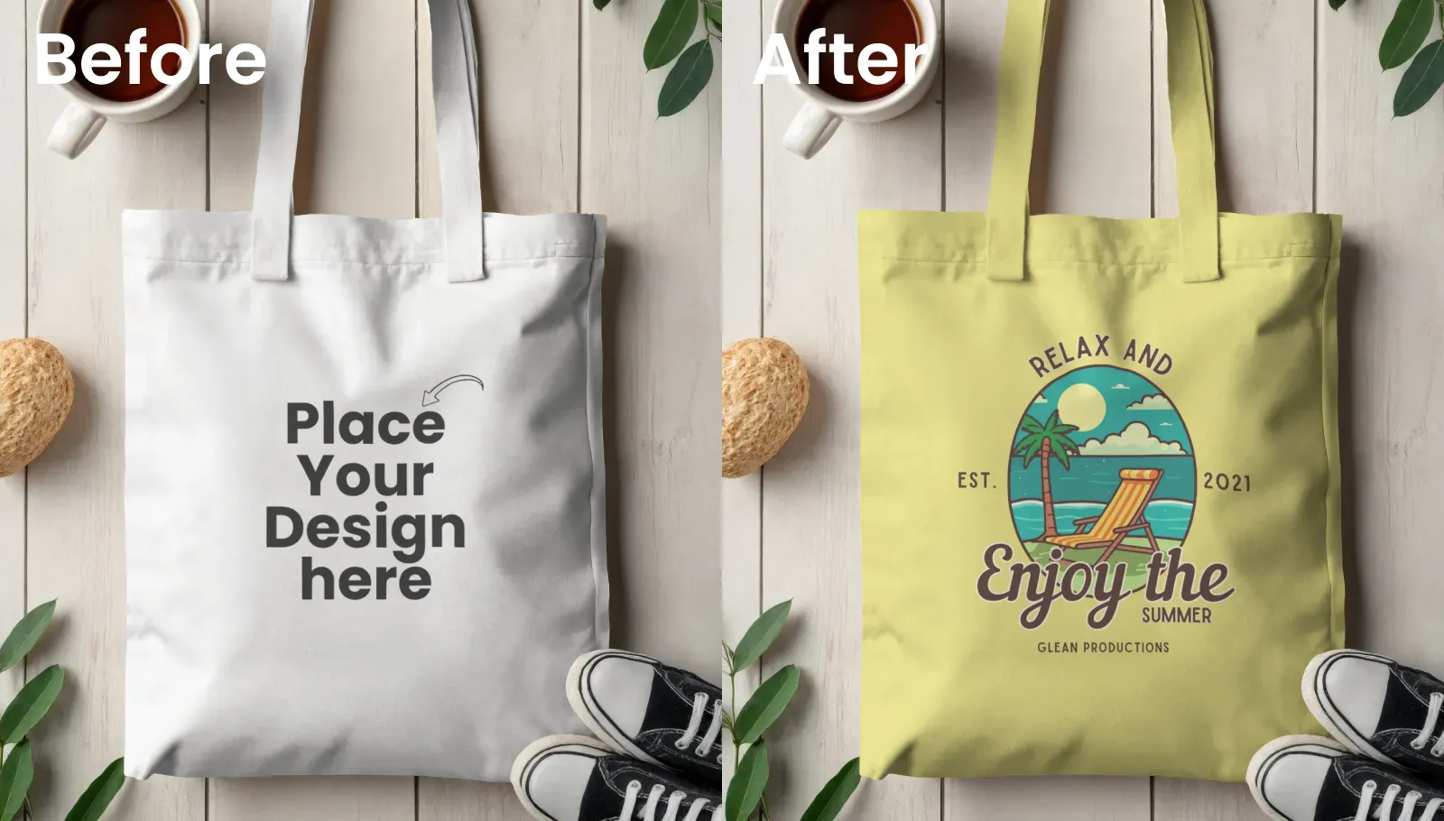 Mockup of a Tote bag on a Wooden Table with Sneakers and Tea