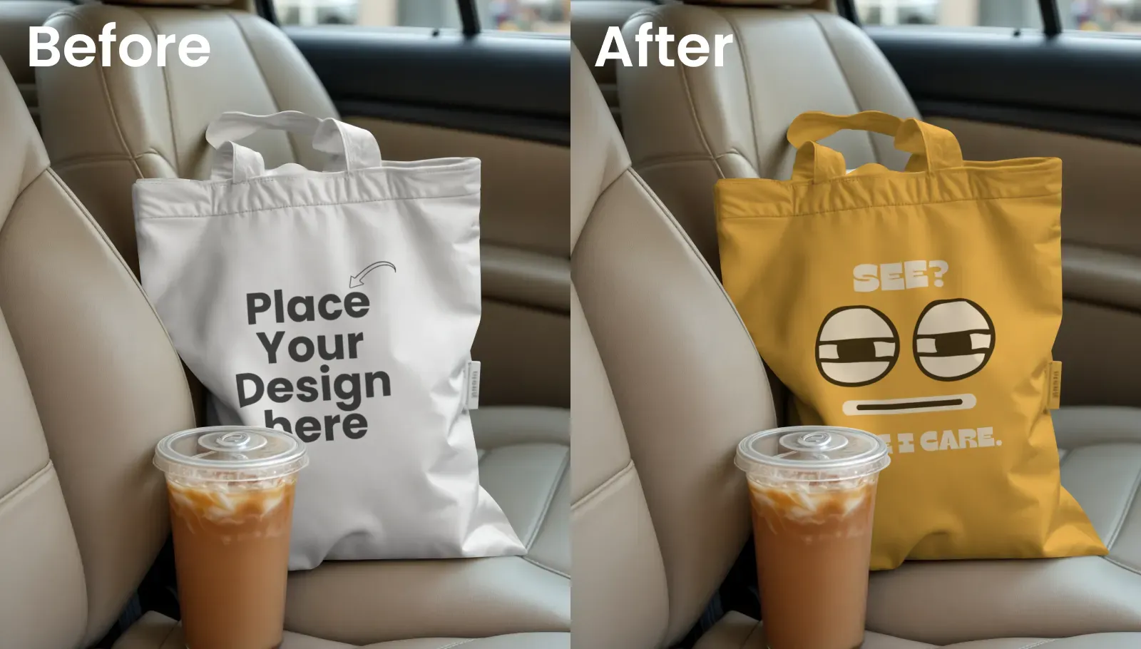 Mockup of a Tote Bag on Beige Leather Car Seats