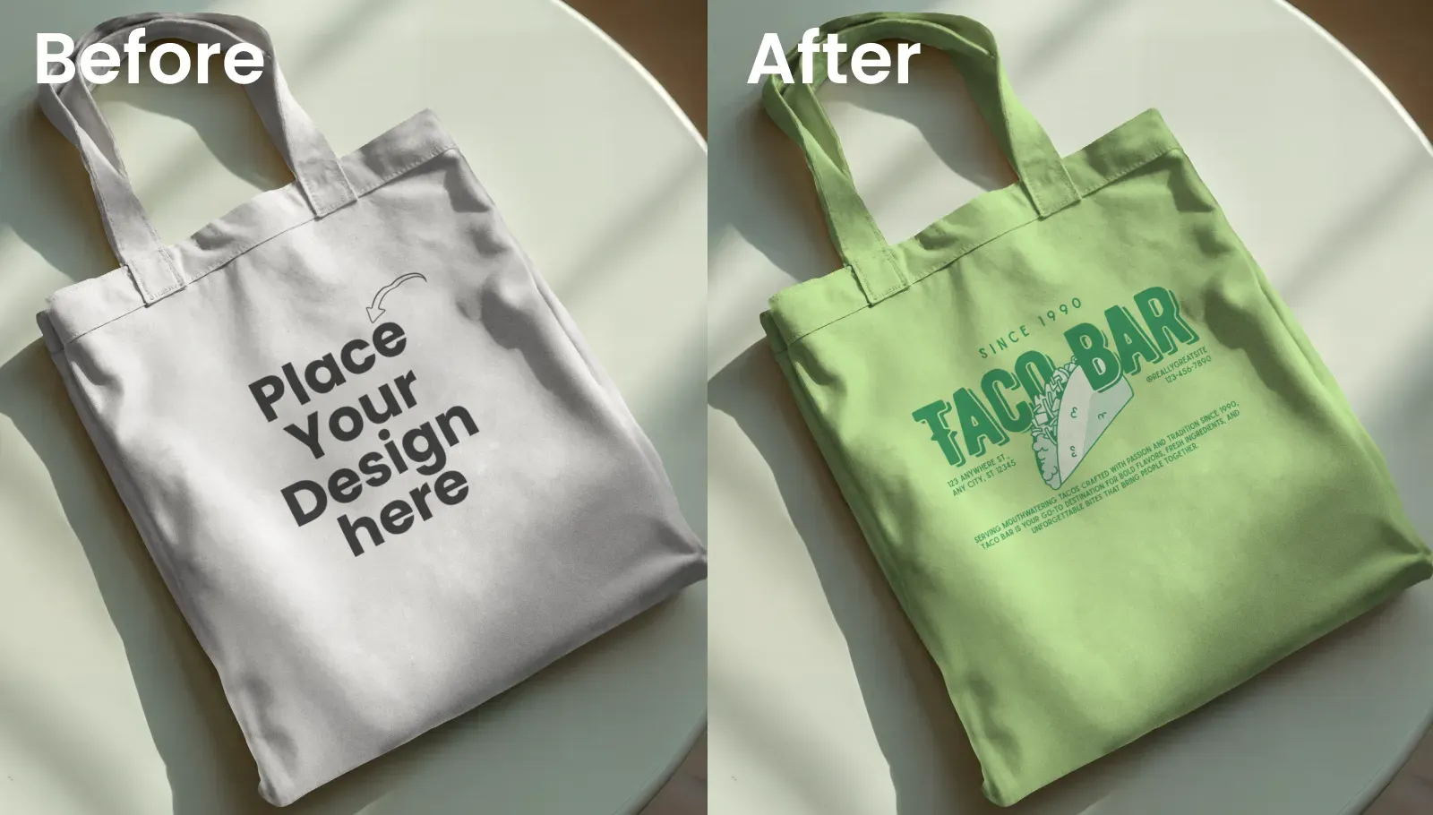 Mockup of a Tote Bag on Mint Green Circular Table