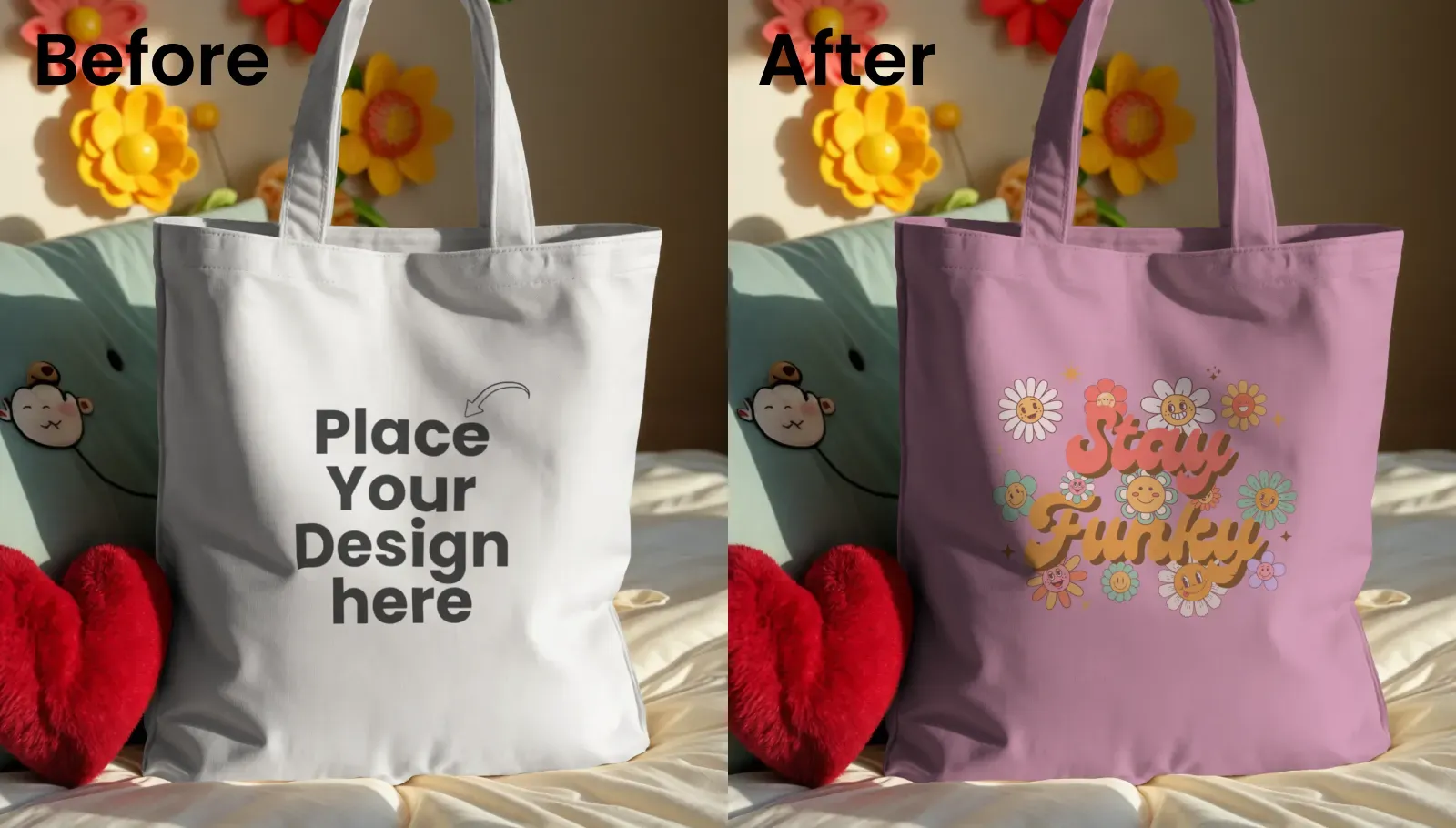 Mockup of a Tote Bag Surrounded by Plush Toys