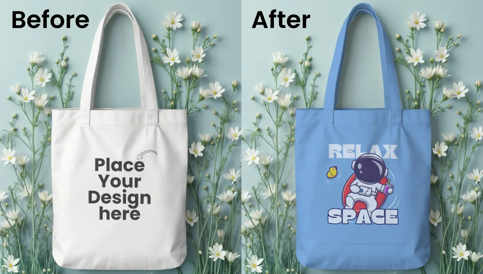 Mockup of a Tote Bag Surrounded by White Flowers on a Blue Surface