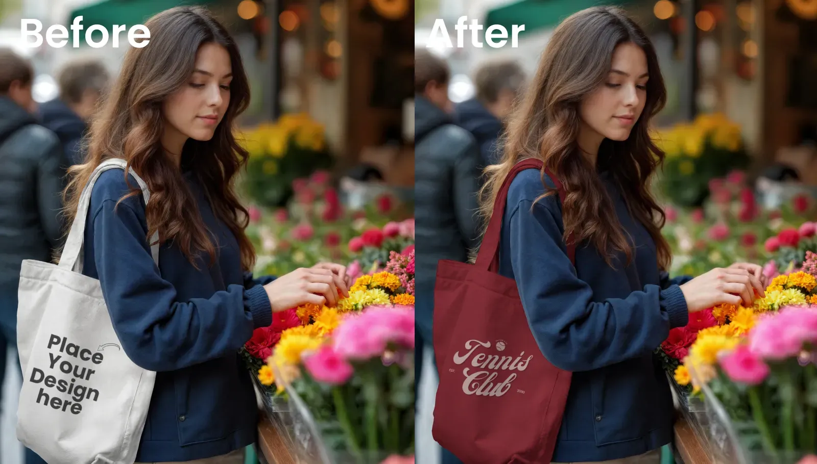 Mockup of a Woman at Flower Market Carrying a Tote Bag