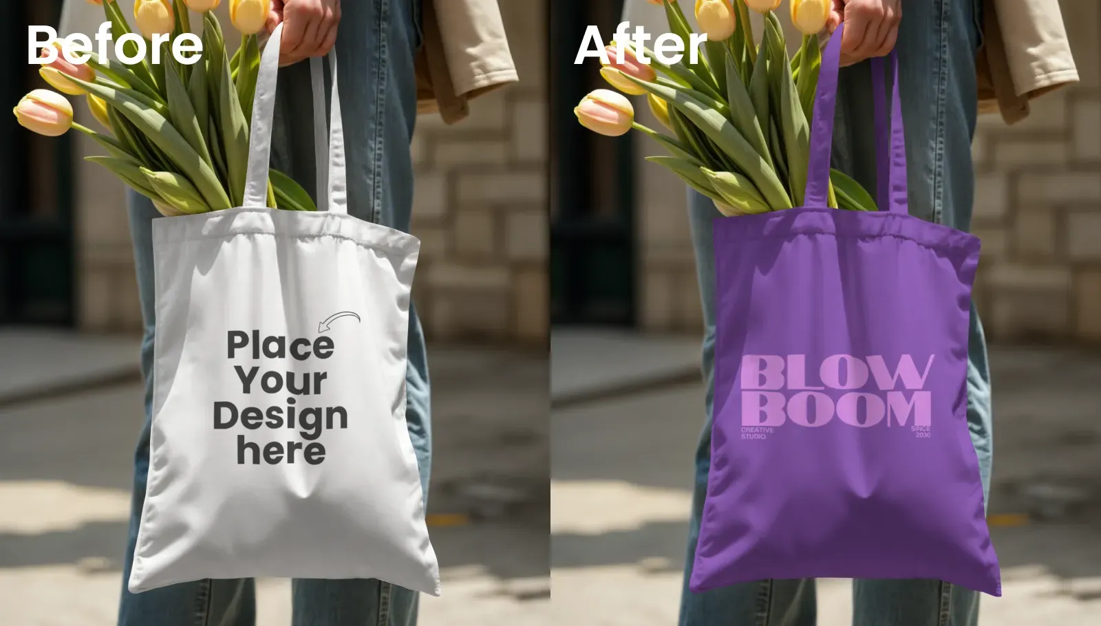 Mockup of a Woman Holding a Tote Bag Filled with Tulips