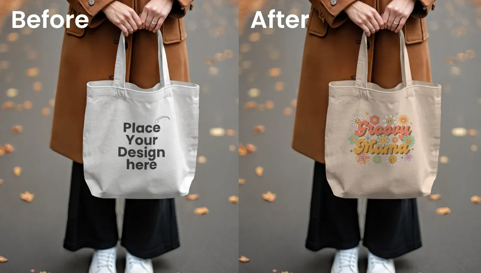 Mockup of a Woman Holding a Tote Bag in Autumn Park