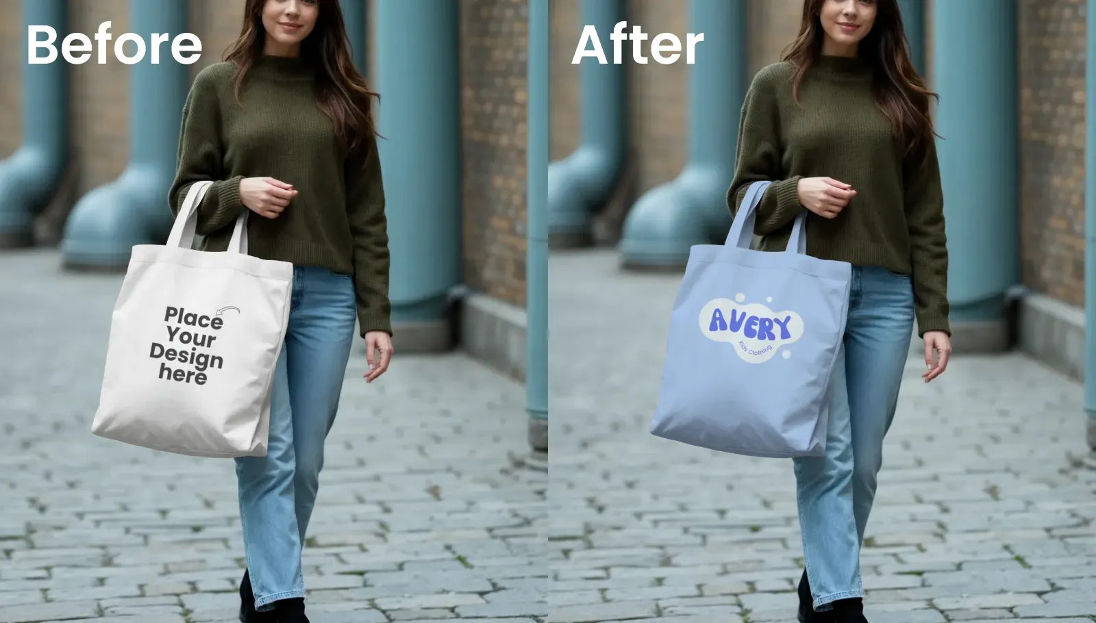 Mockup of a Woman with a Tote Bag Walking in an Urban Setting