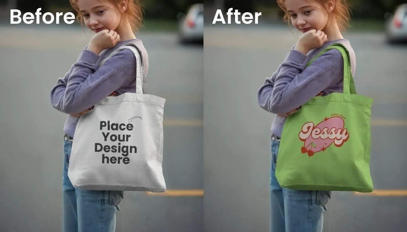 Mockup of a Young Girl Holding a Tote Bag in a Quiet Street