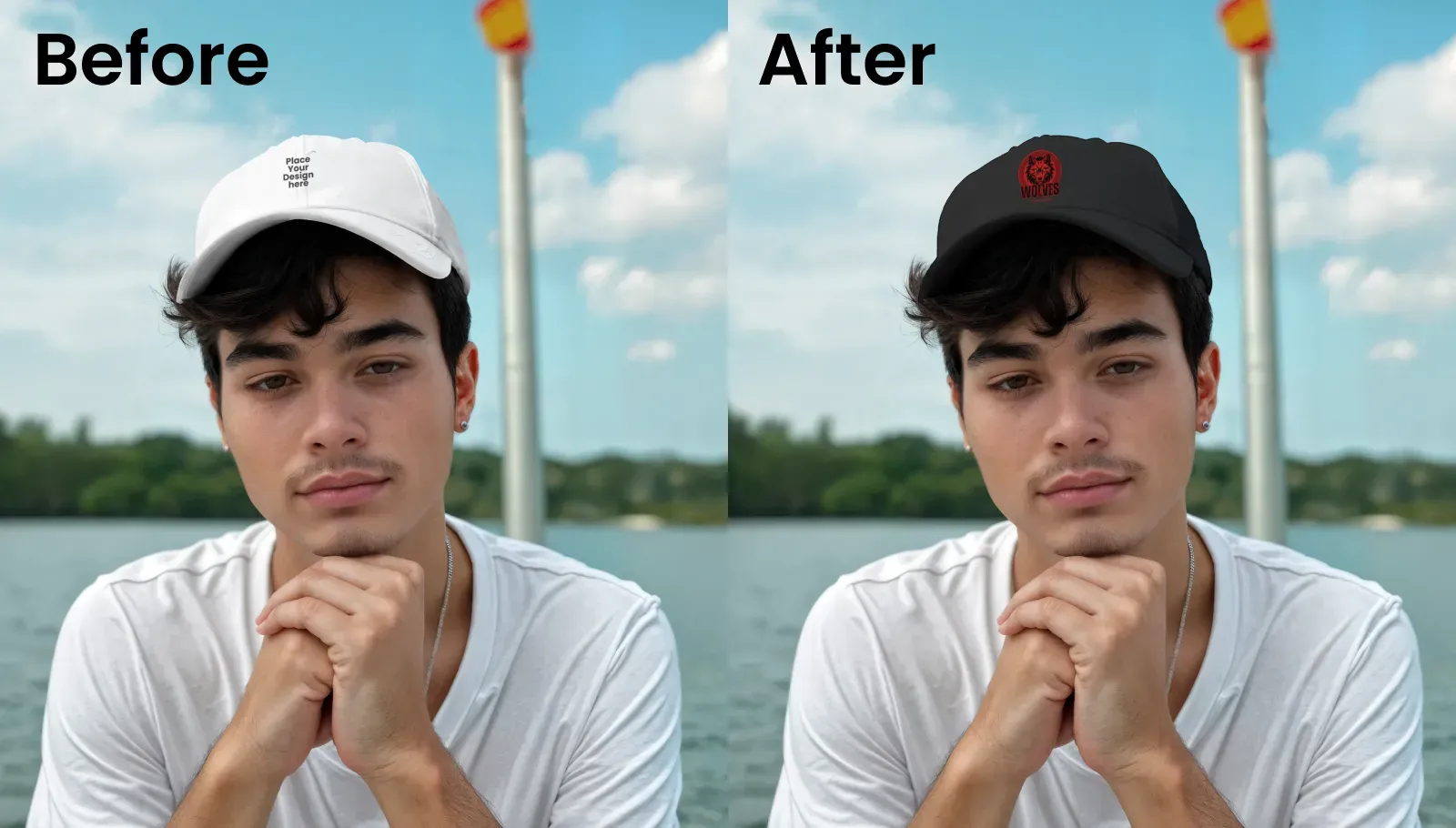 Mockup of a young man resting his chin on his hands, wearing a cap