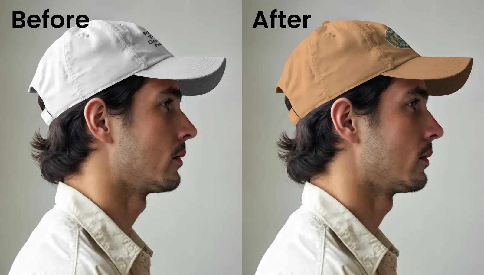 Mockup of a young man with dark hair wearing a cap against a soft background