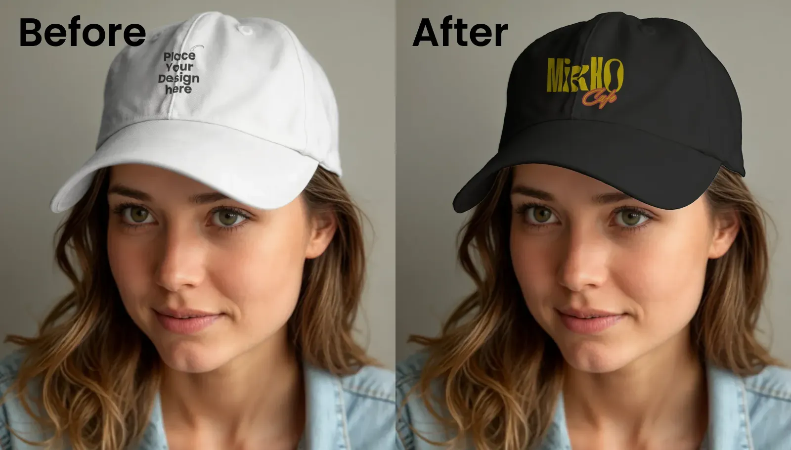 Mockup of a young woman wearing a white cap in a casual portrait