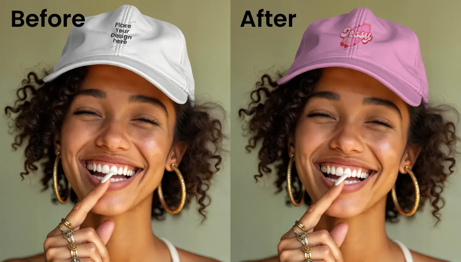 Mockup of a young woman with striking green eyes wearing a cap