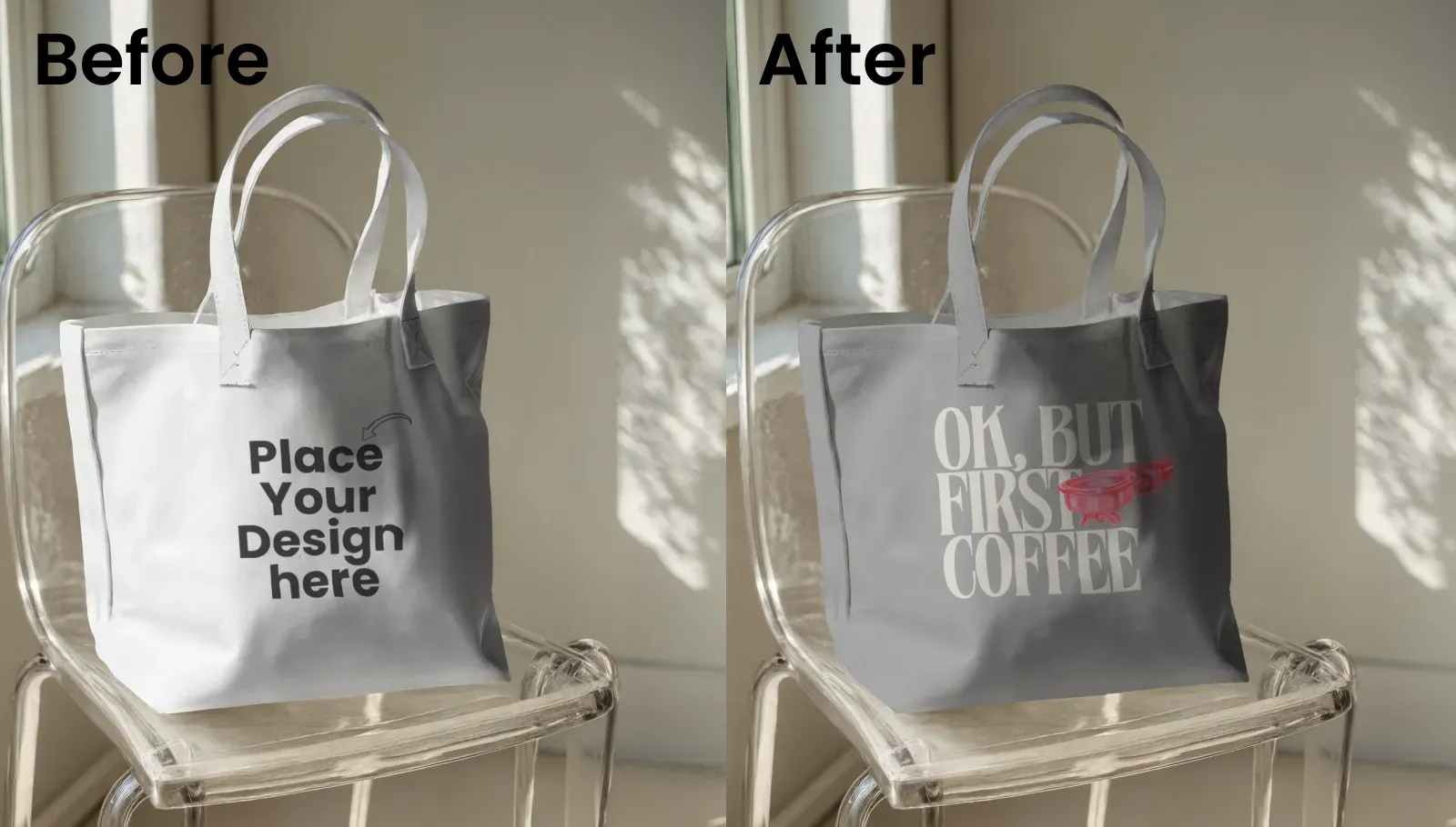 Mockup of Tote Bag on a Transparent Chair with Dappled Sunlight