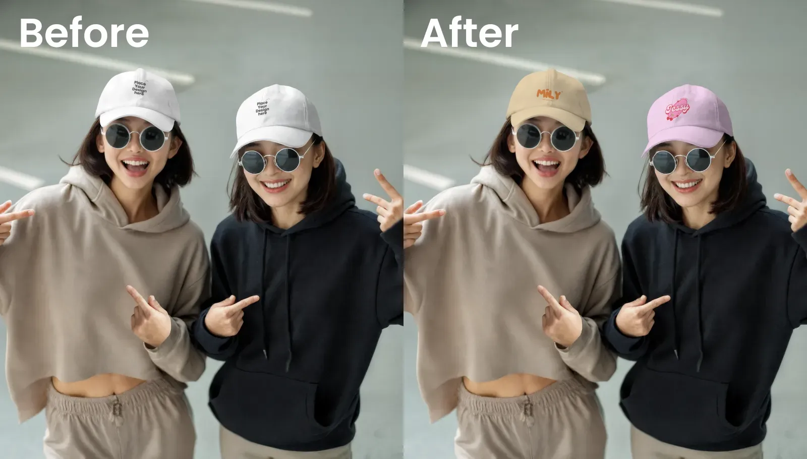 Mockup of two smiling young women posing playfully with caps