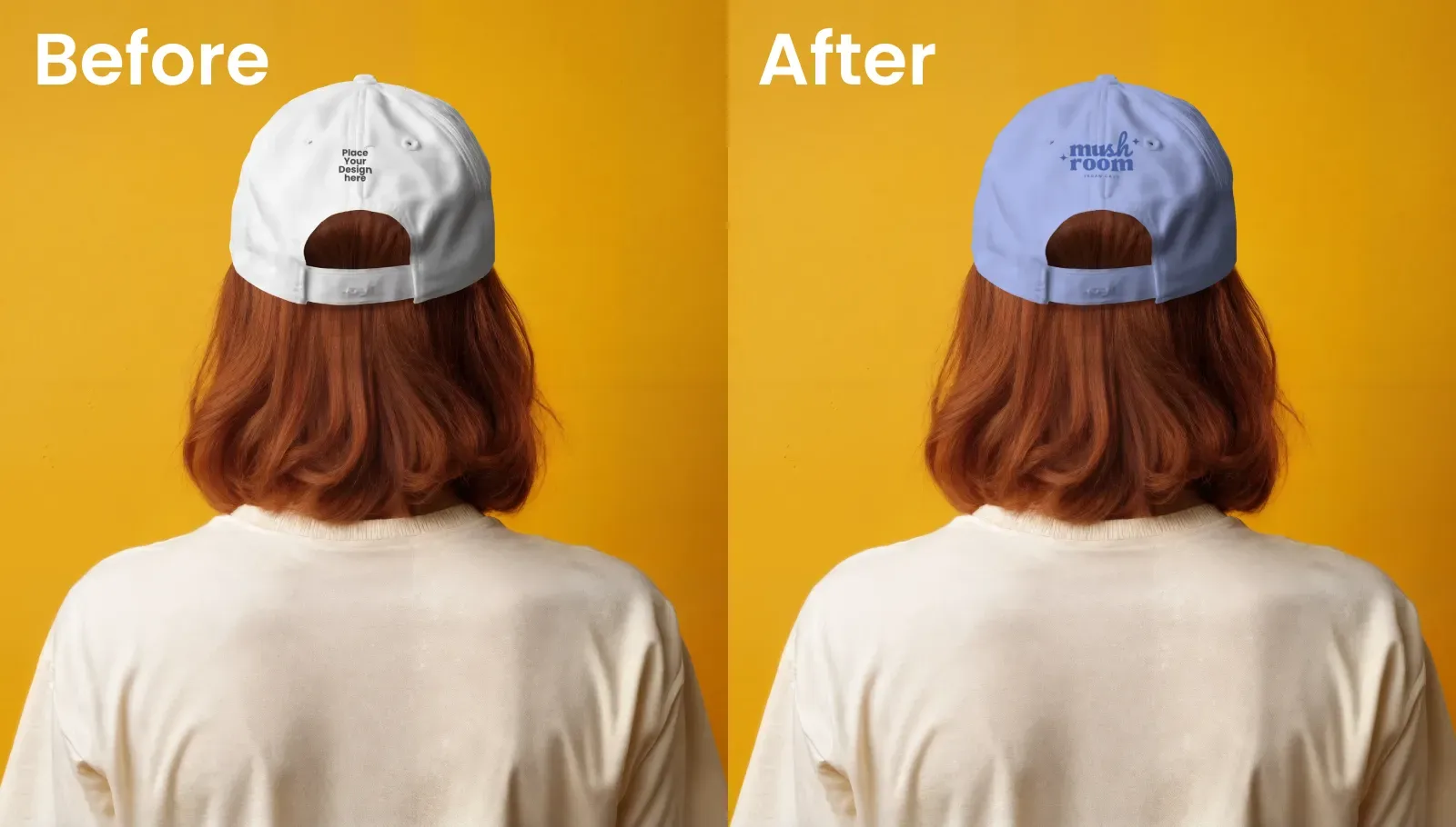 Mockup showing the back of a woman’s head wearing a cap