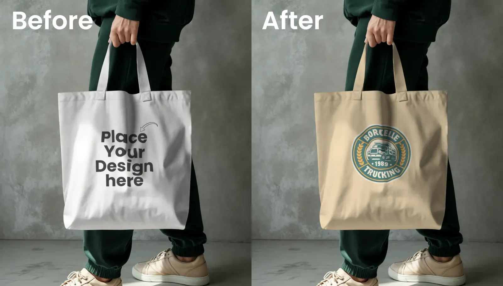 Model Holding Tote Bag Against a Grey Concrete Wall