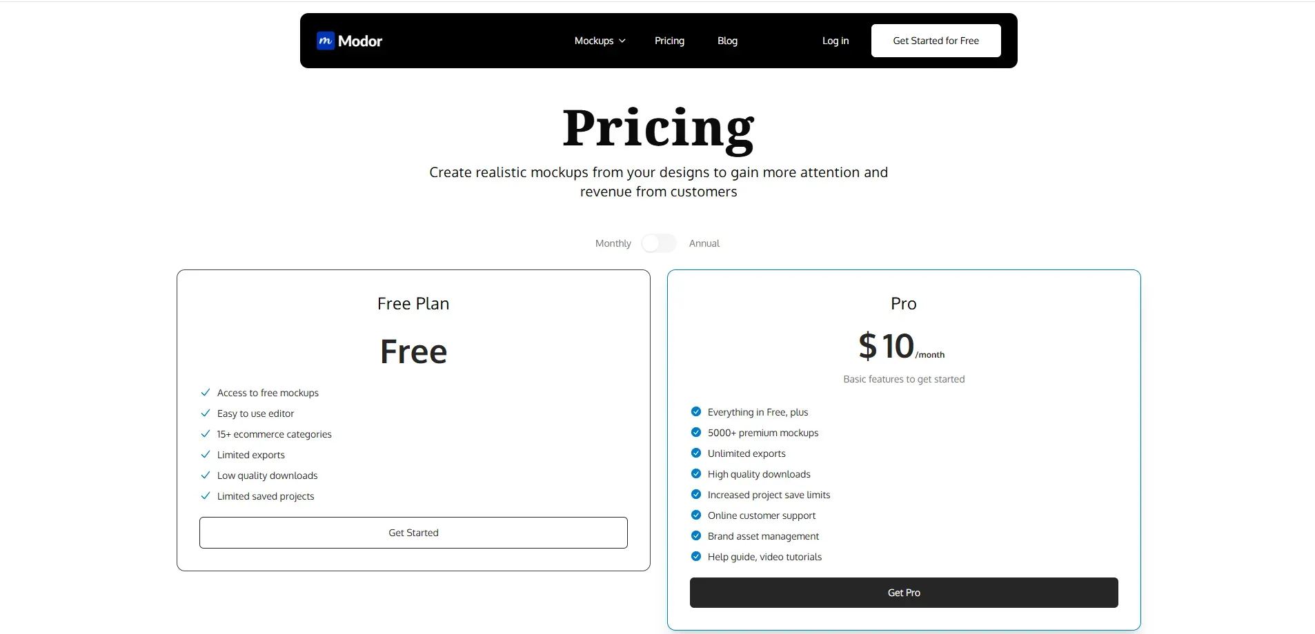 Modor pricing page