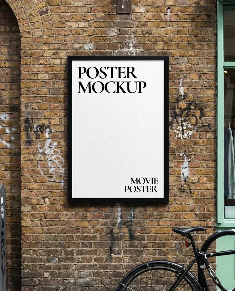 Movie poster mockup displayed on a brick wall