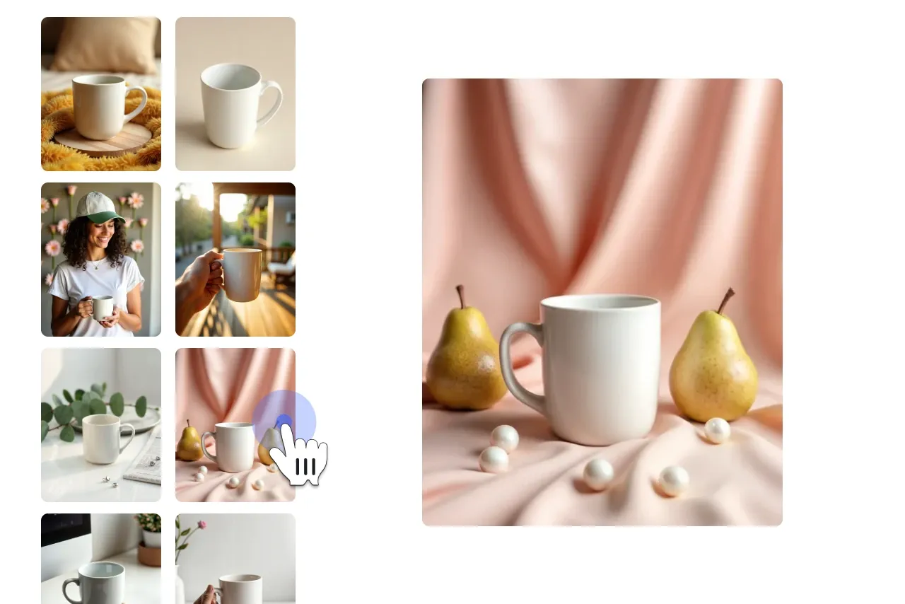 Step 1 showing a gallery of mug mockup photos, with one image selected as the base mockup.