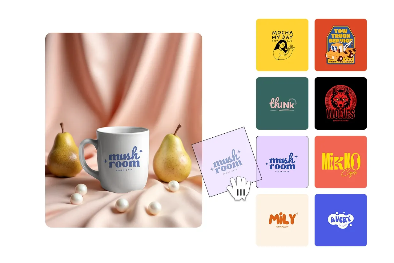 Step 2 showing a selected mug mockup with multiple logo design options to apply.