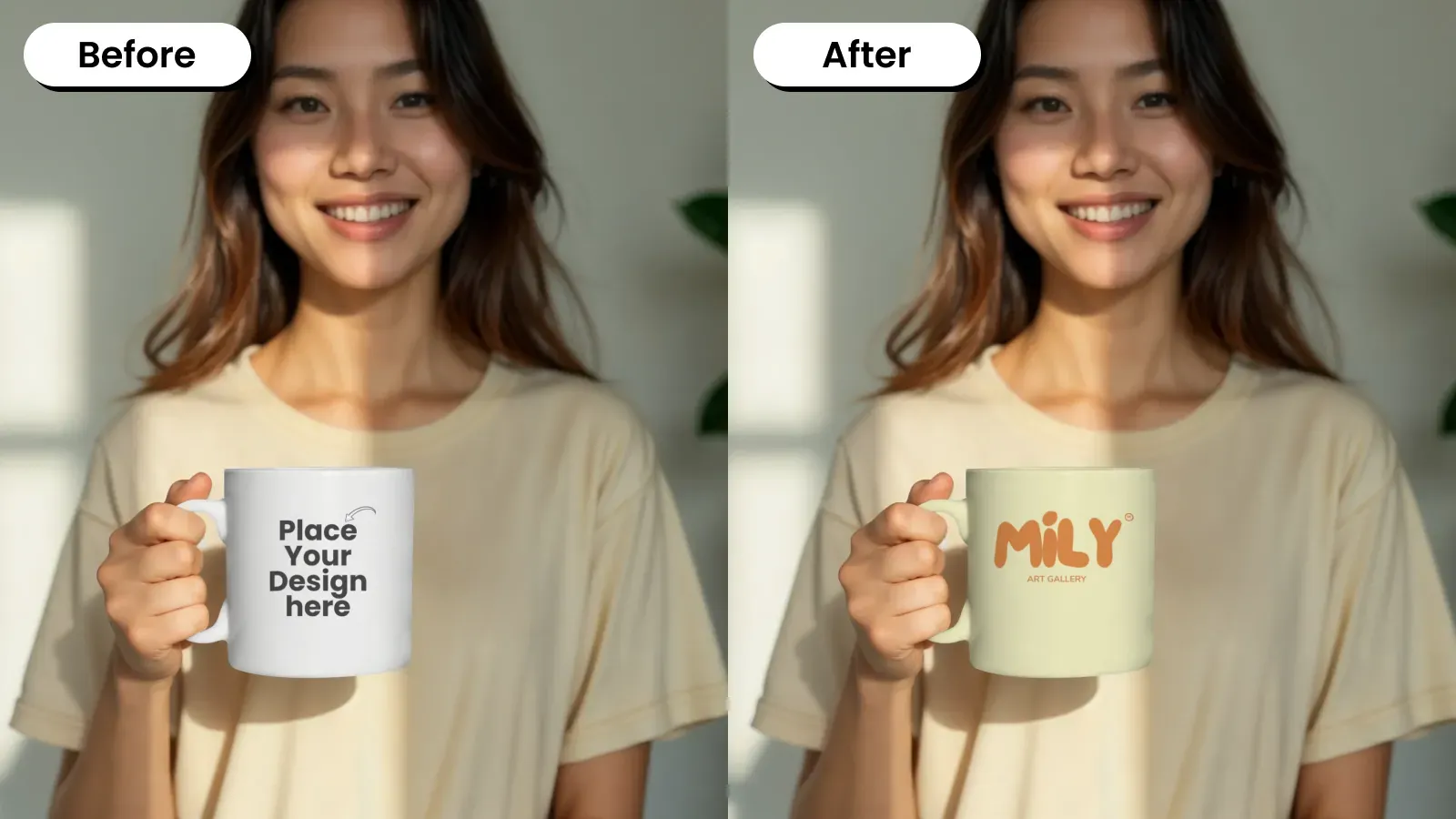 A Model Holding a Mug with Sunlight on the Mug