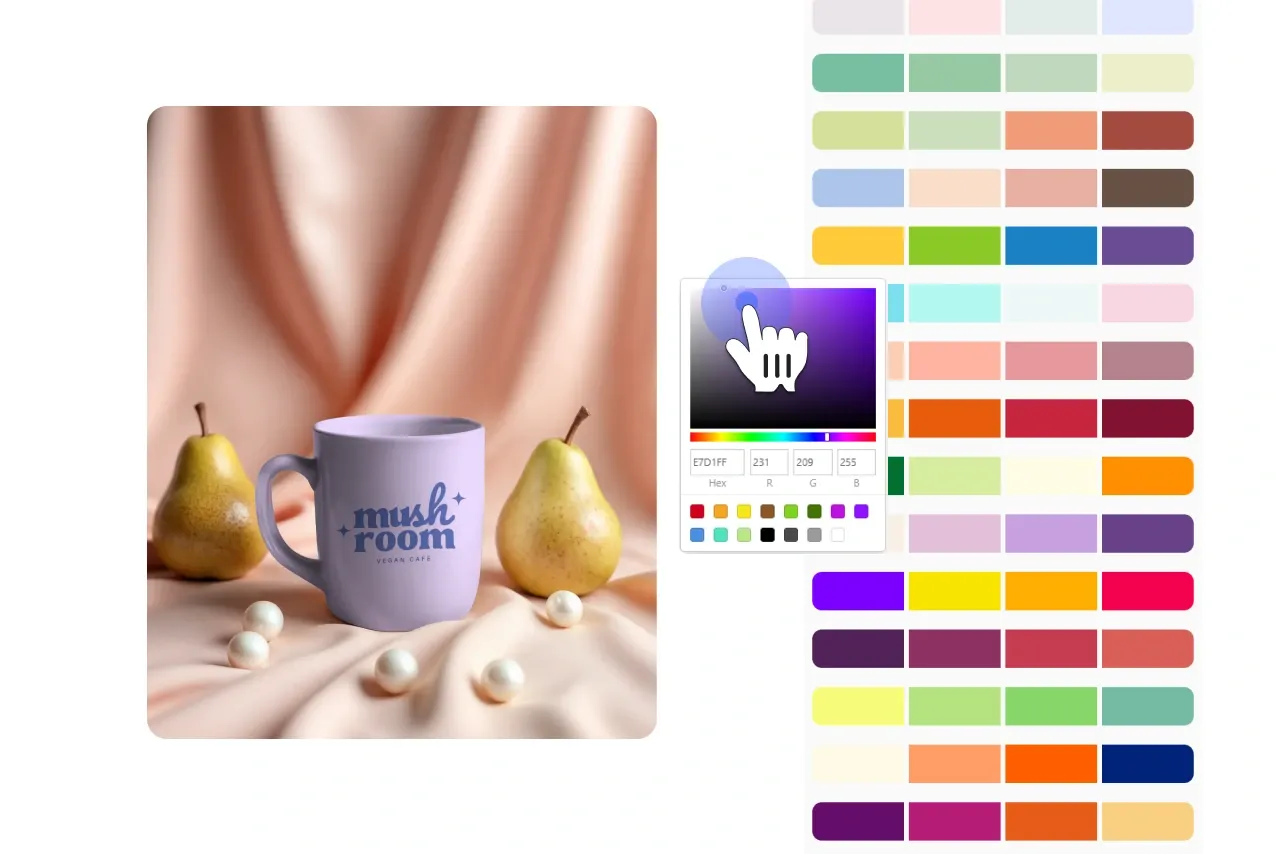 Step 3 showing a mug mockup with a color picker, where the mug color is being customized.