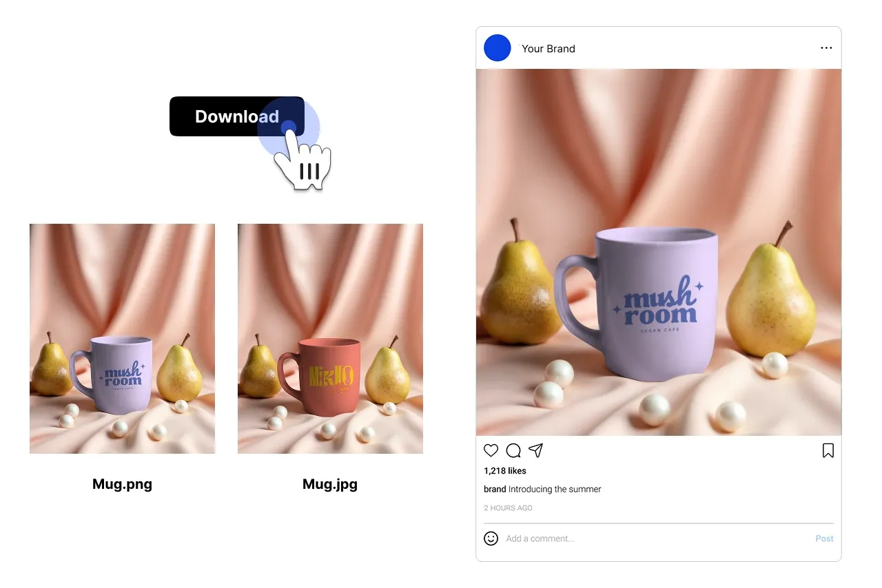 Step 4 showing the final mug mockup ready for download and social media preview.