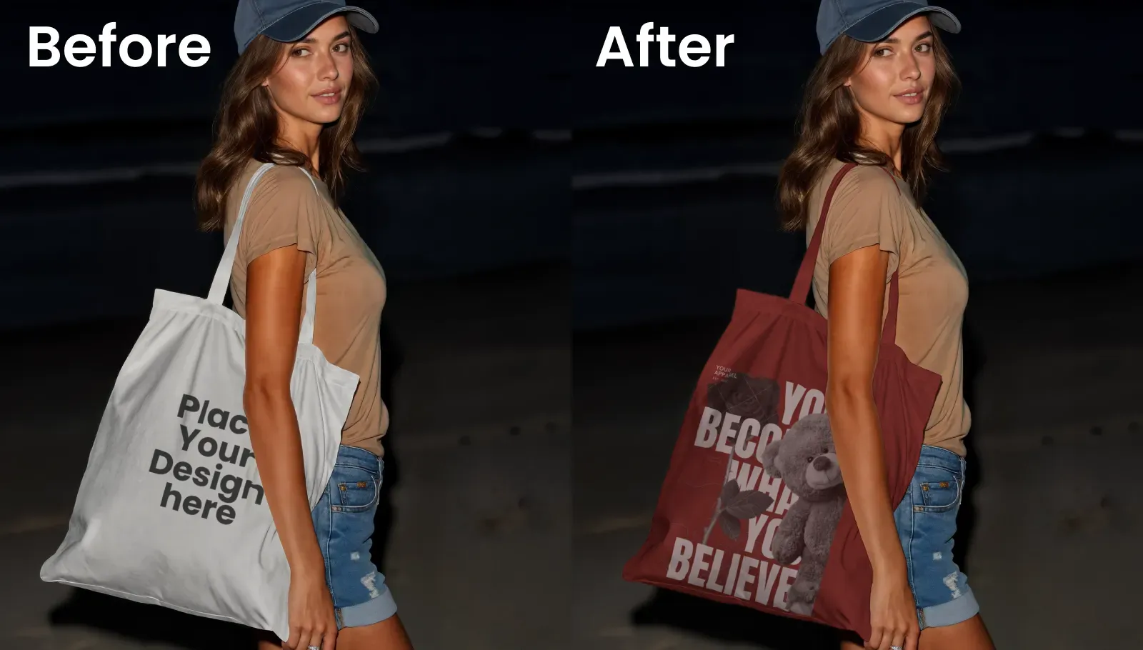 Nighttime Beach Tote bag Mockup with a Model