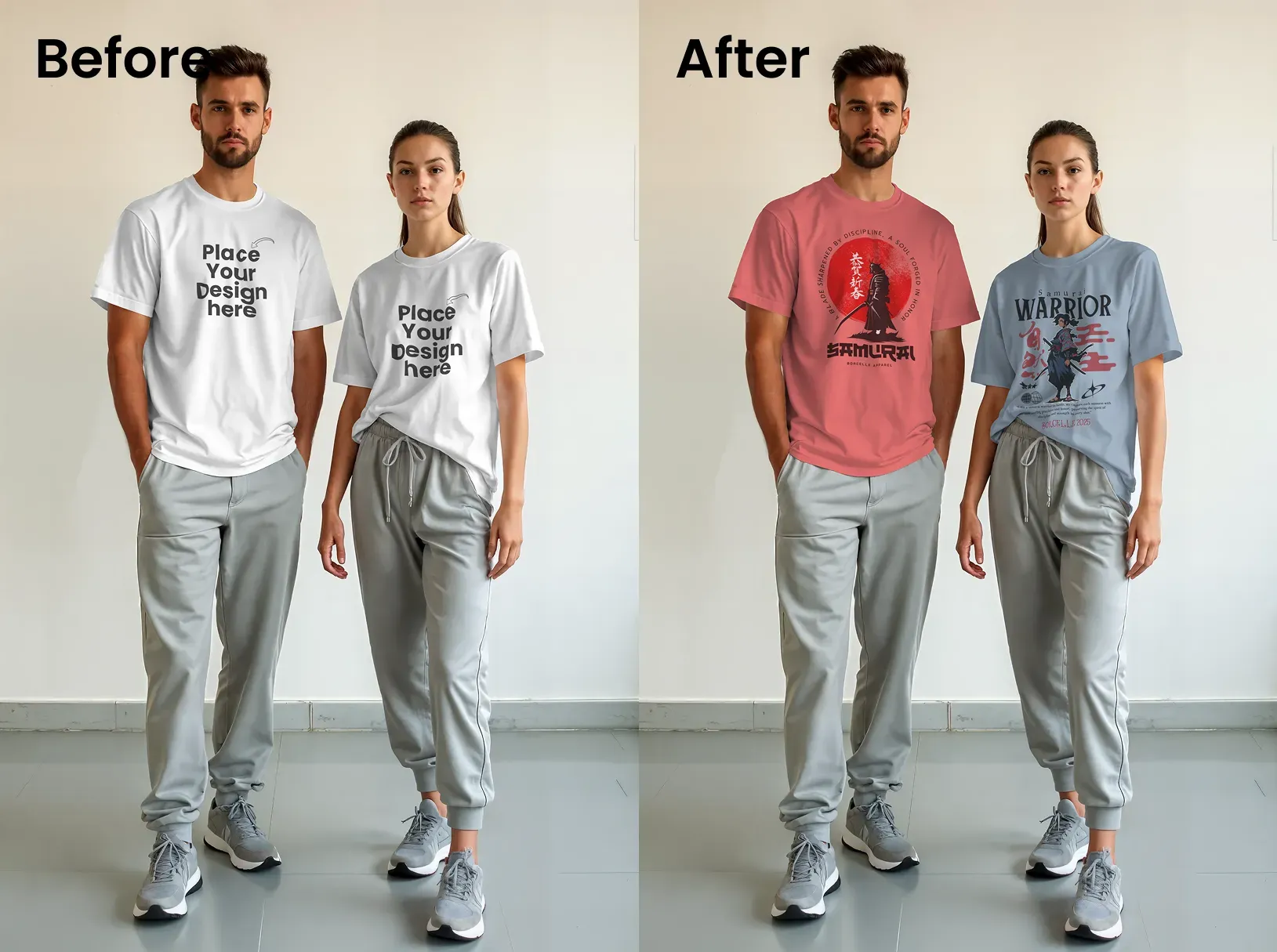 On-model t-shirt mockup featuring a male and female model standing together