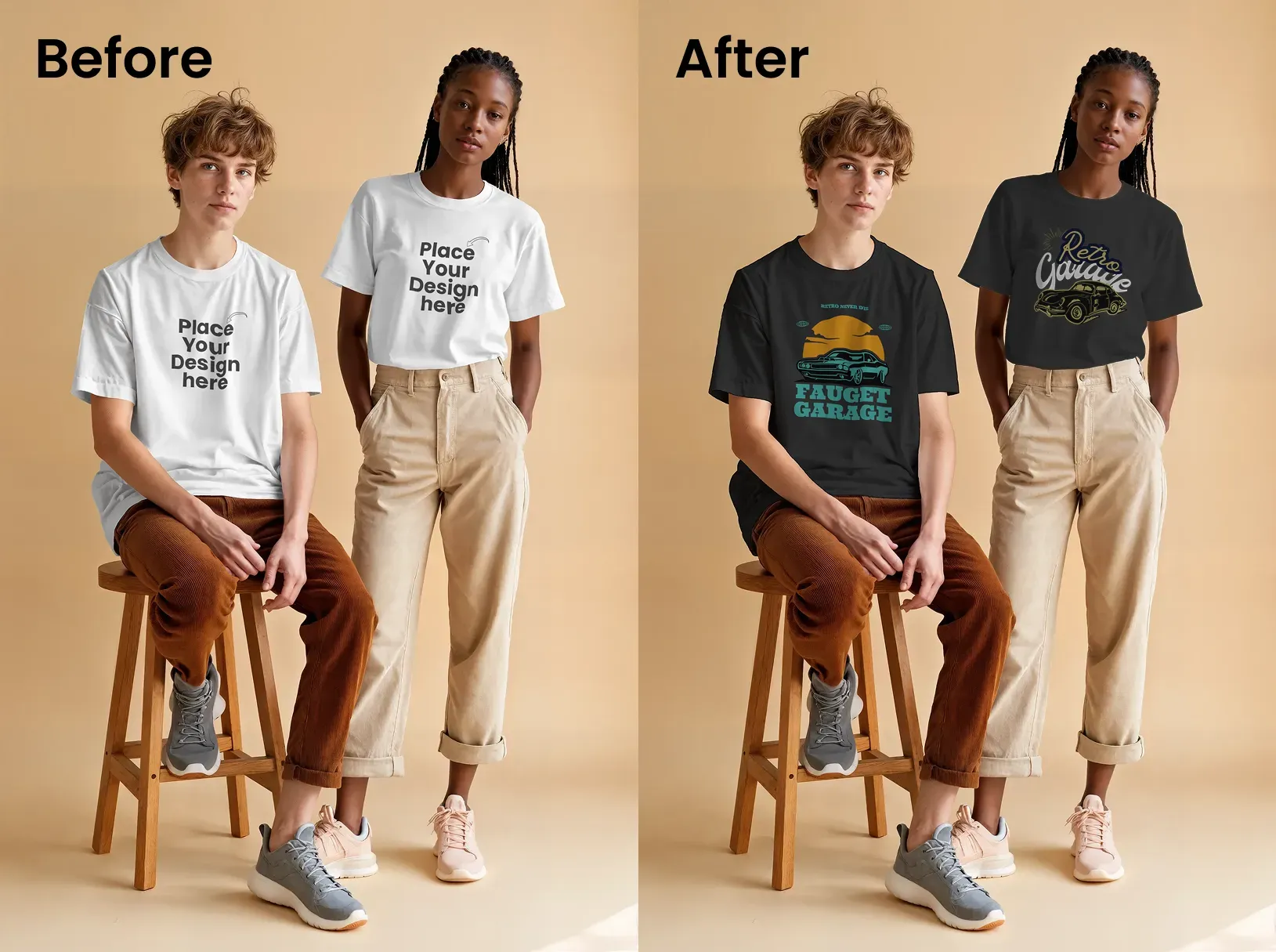On-model t-shirt mockup featuring male and female models in dynamic poses