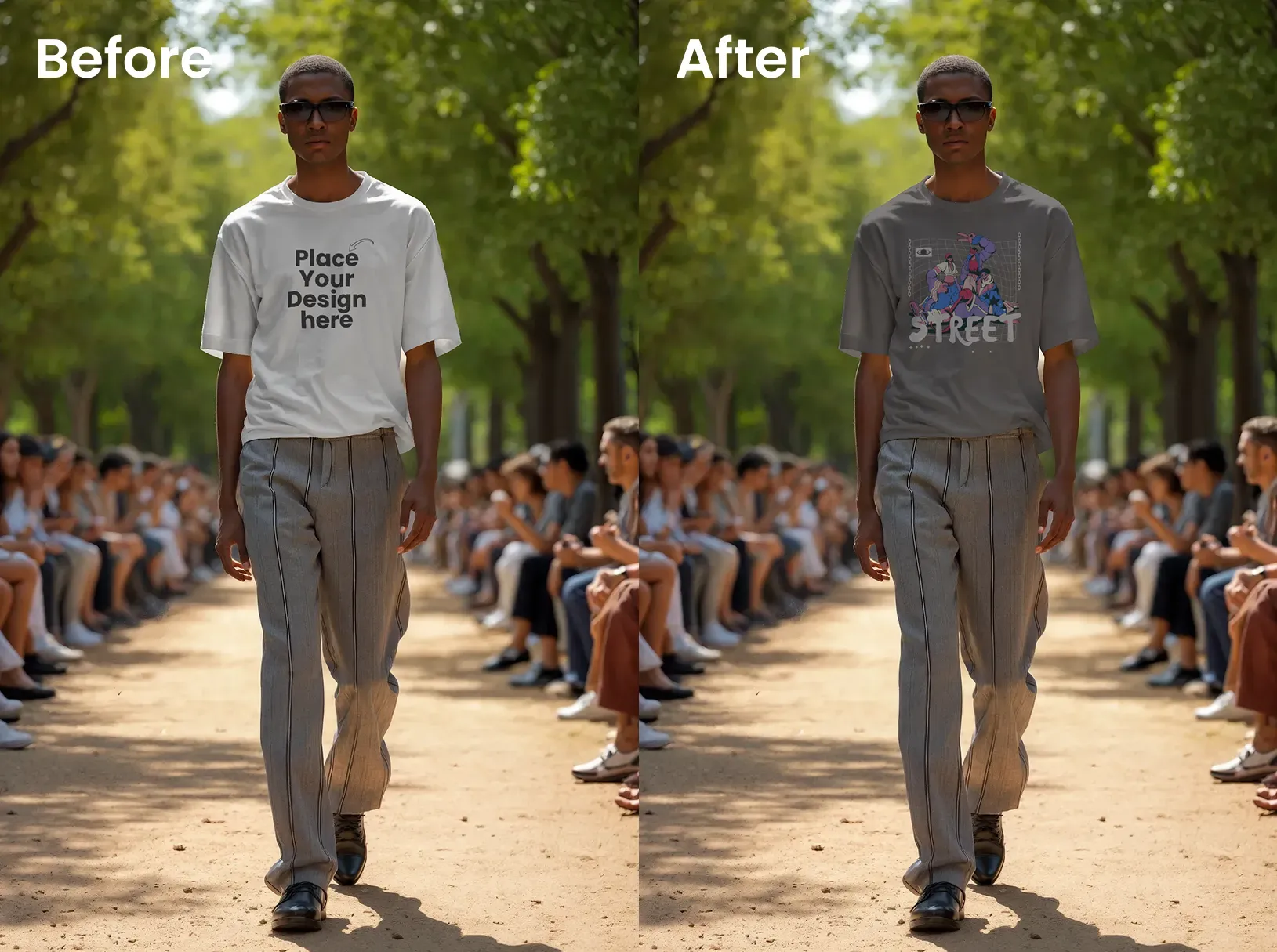 On-model t-shirt mockup on a runway