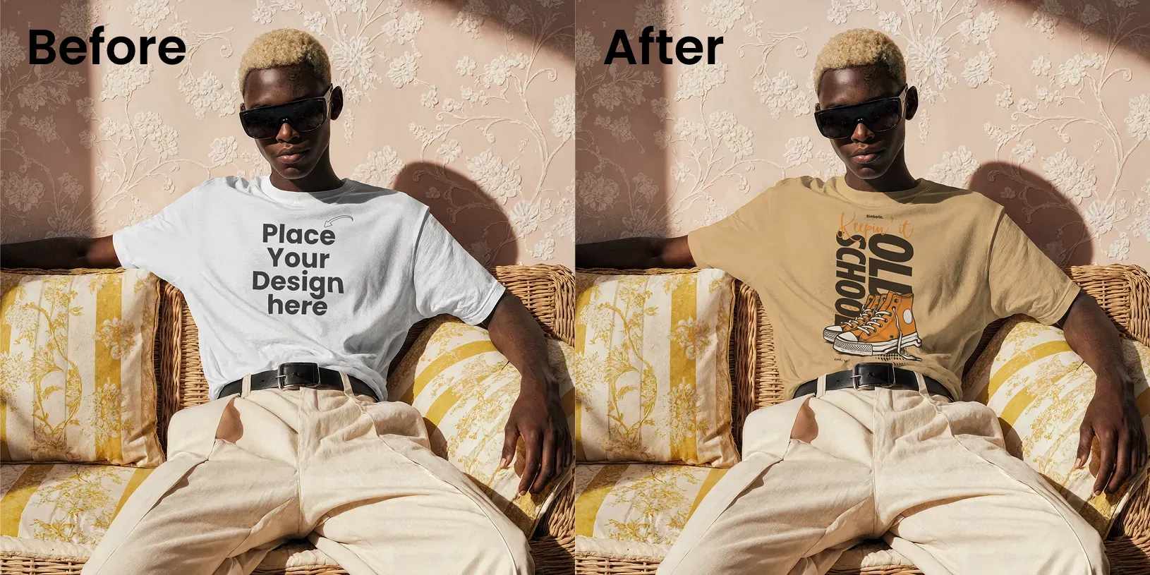 On-model t-shirt mockup with a sofa