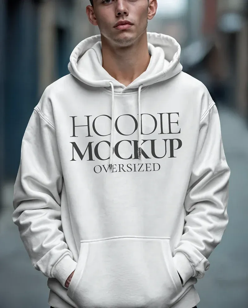 Oversized hoodie mockup worn by a model outdoors