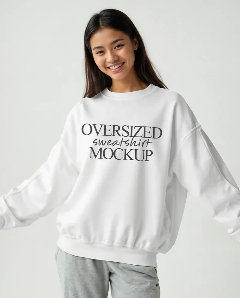 Oversized sweatshirt mockup on female model wearing a white oversized sweatshirt with minimalist design