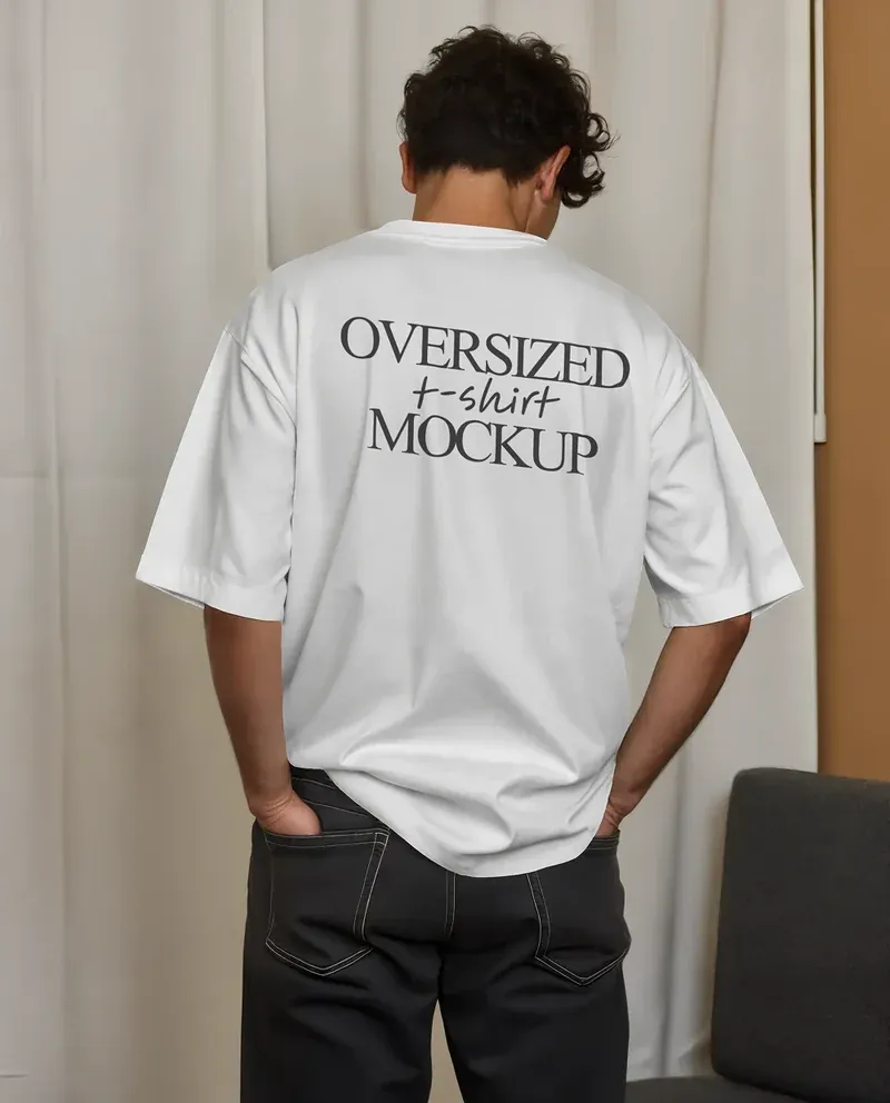Rear view of a person wearing a white oversized t-shirt mockup with text printed on the back, standing indoors against a neutral curtain background.