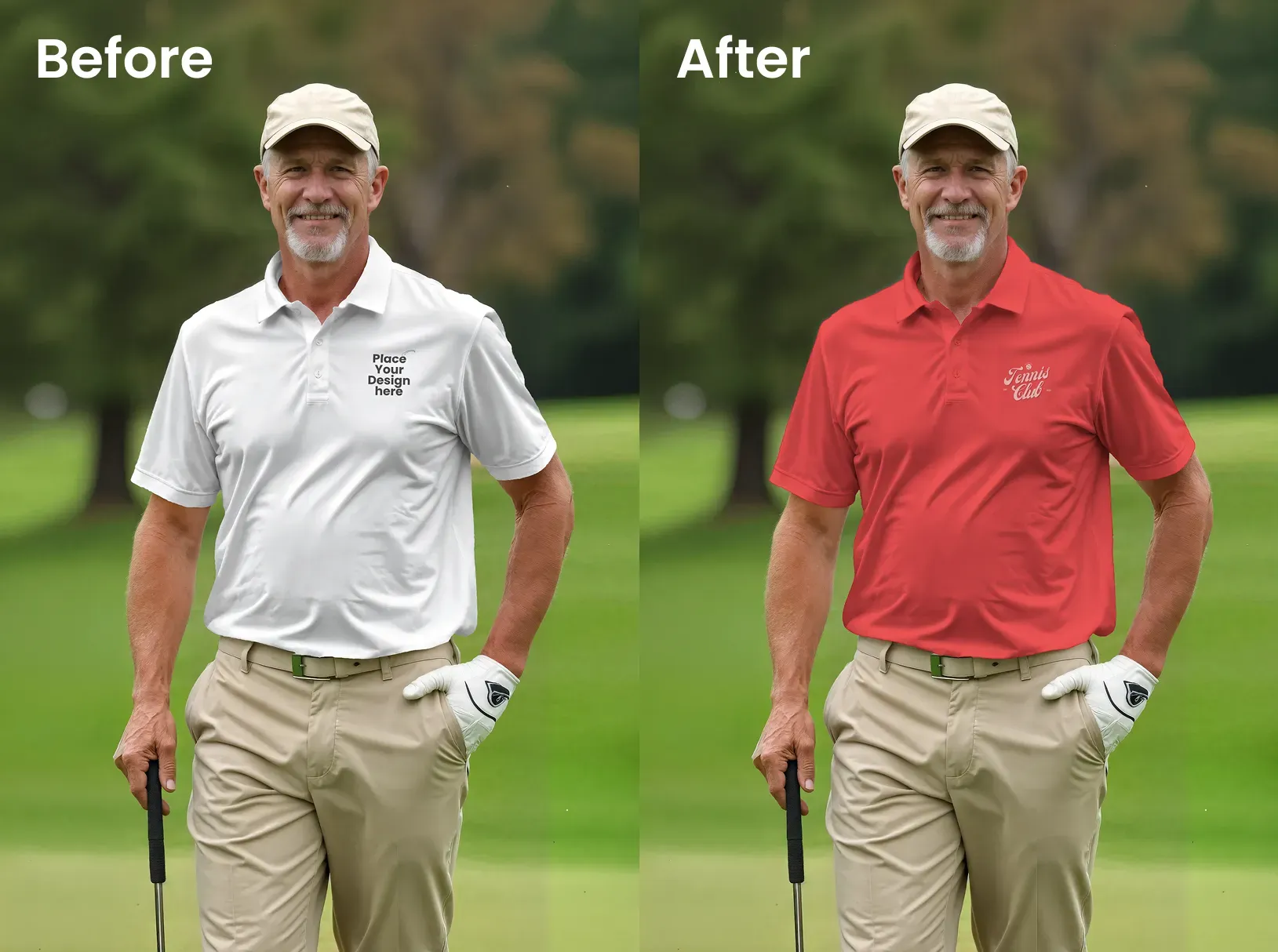 Polo t-shirt mockup featuring an older person playing golf