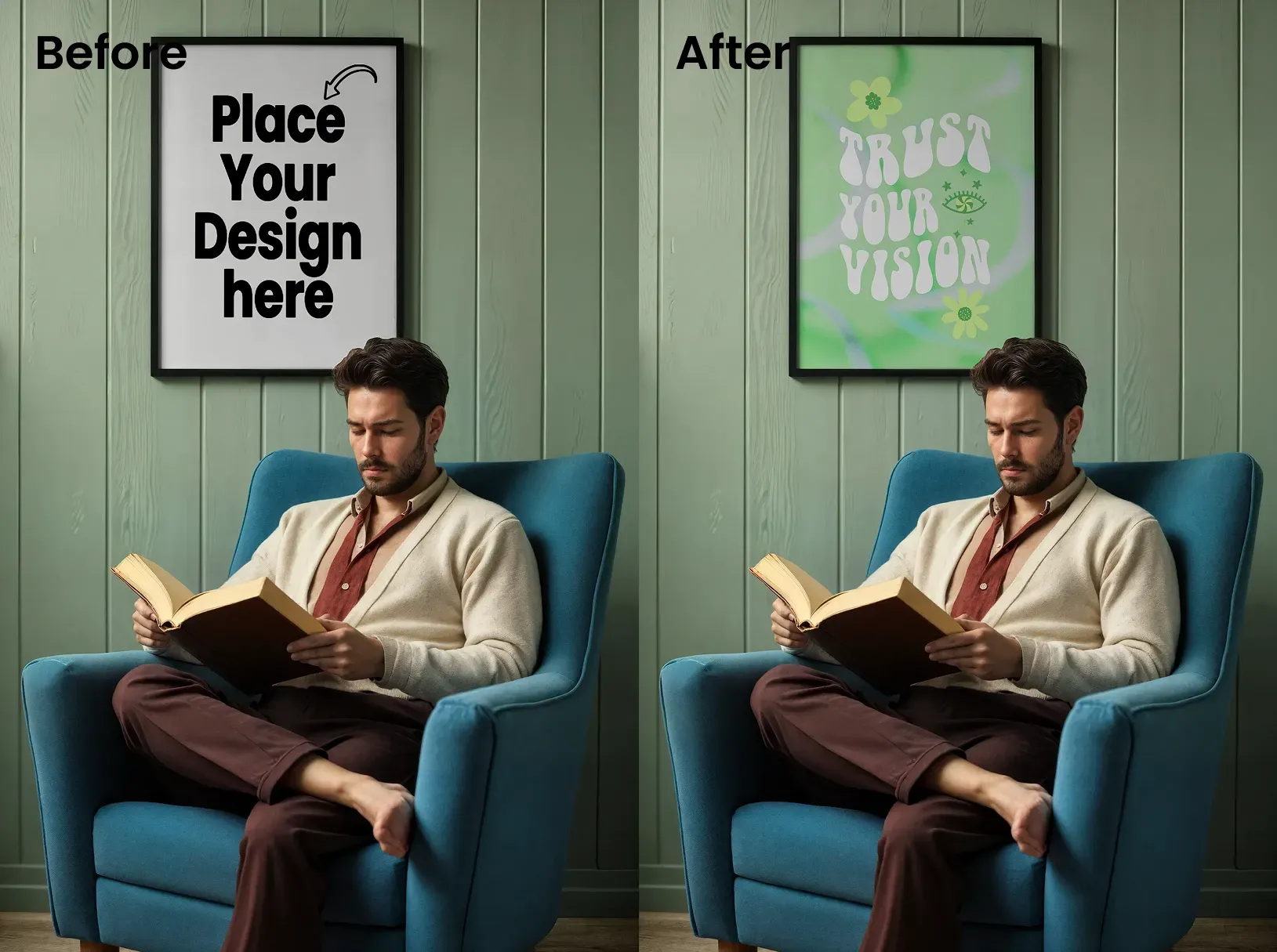 Poster design mockups in the background