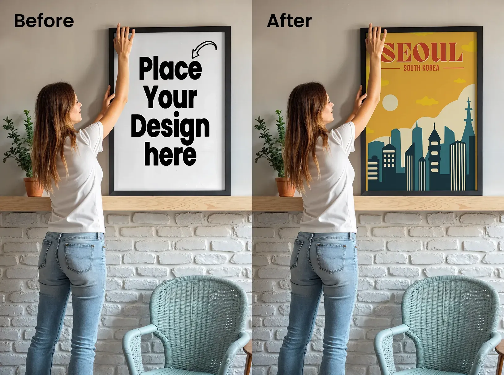 Poster design mockups showing a person setting up a poster