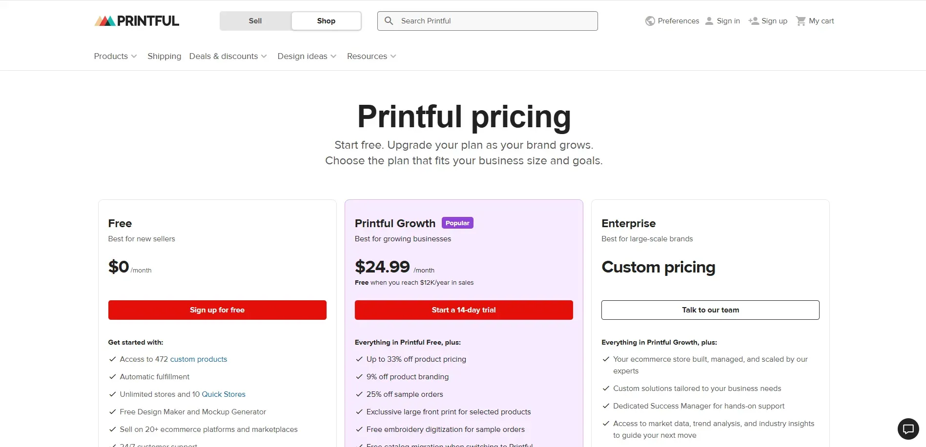 Printful pricing page