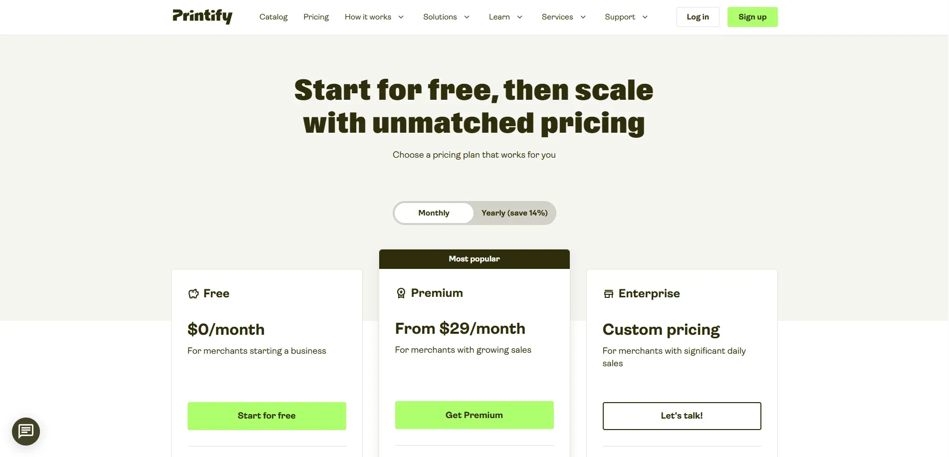 Printify pricing page