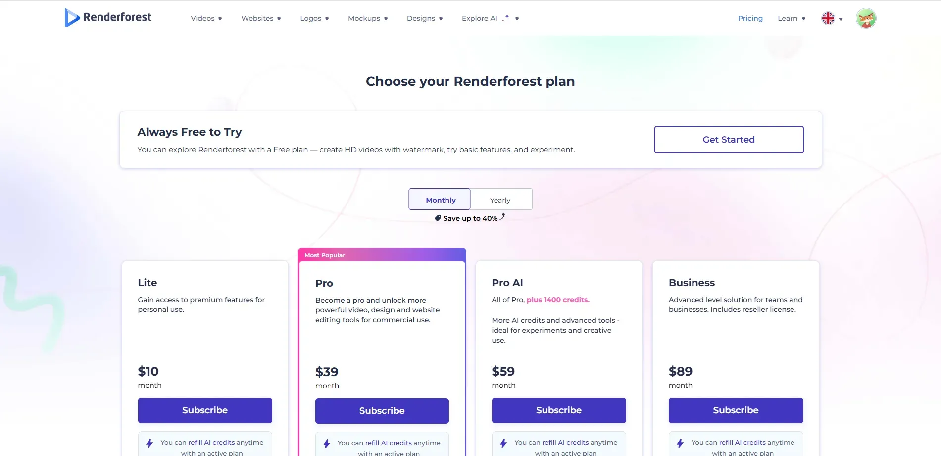Renderforest pricing page